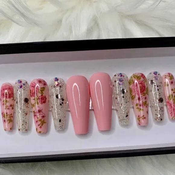 Pink Flower Custom Press On Nails | High Quality Nails | Handmade - Picture 4 of 13